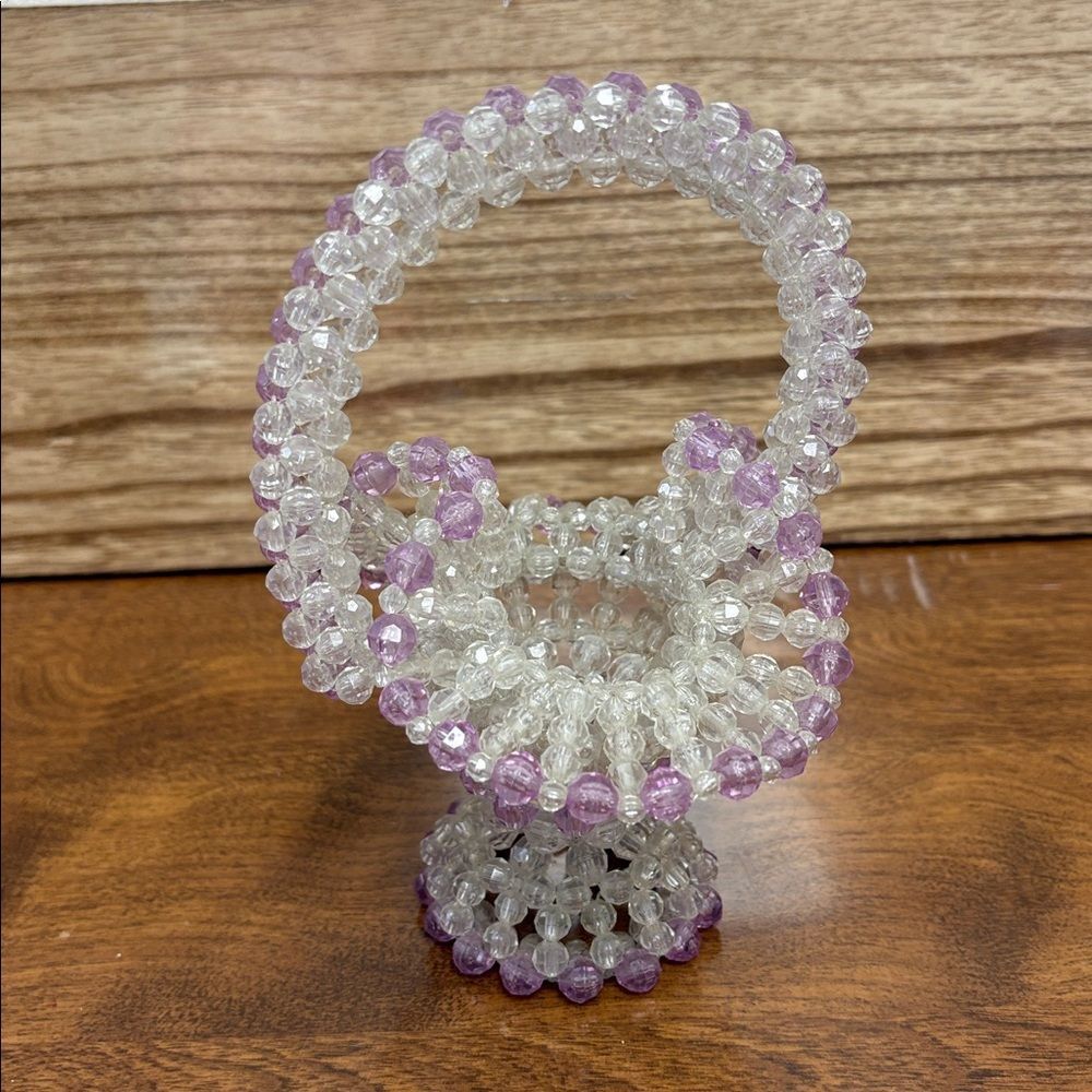 Vintage handmade beaded basket clear and purple beads